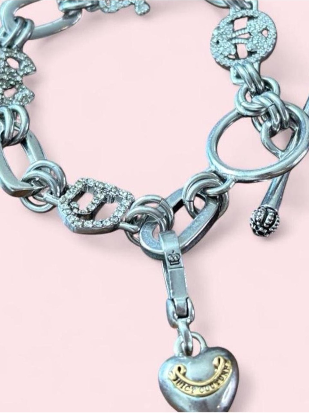 Juicy Couture Silver and Gold Heart Charm Pave Link Bracelet
